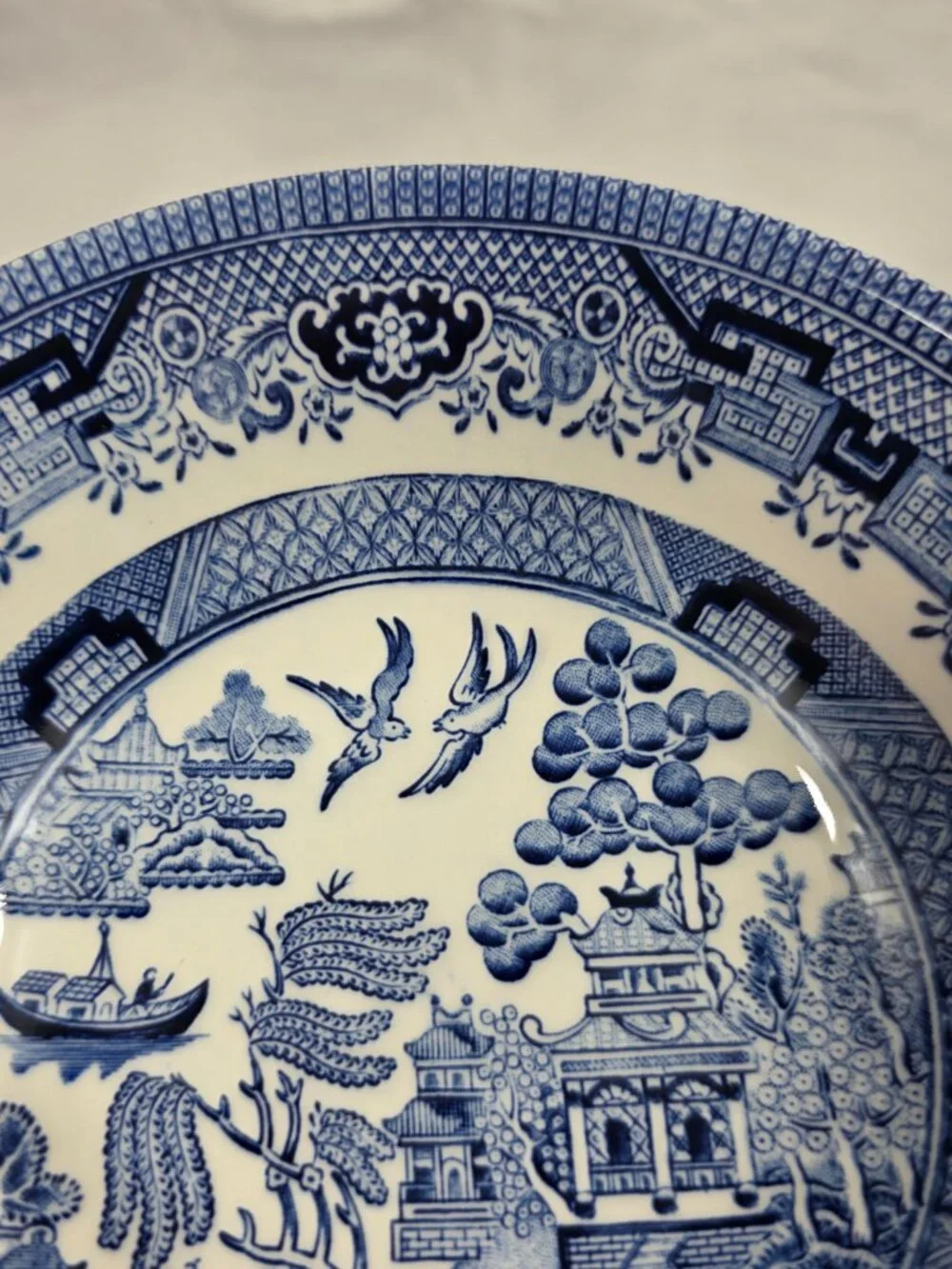 TWO Churchill Willow Blue Coupe Cereal Bowls Georgian Shape Blue Willow England